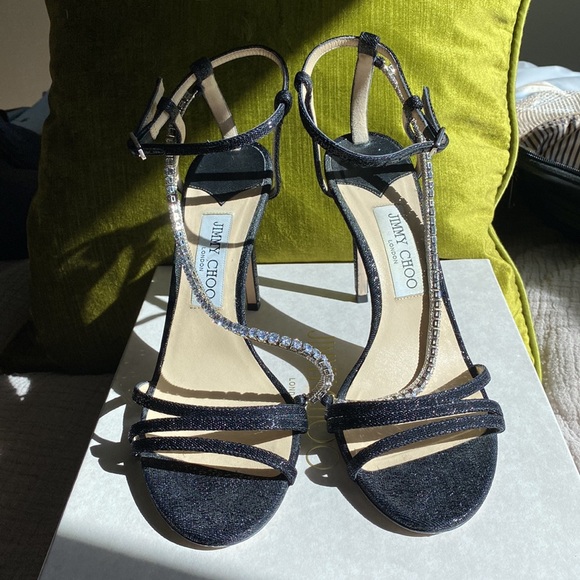 ✨JIMMY CHOO Thaia 100 Strappy High-Heel Crystal Sandals Black Size 39.5 ✨ - Picture 14 of 14